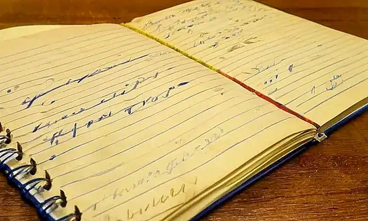En una página amarillenta de un cuaderno usado, notas azules destacan en el borde iluminado por luz solar