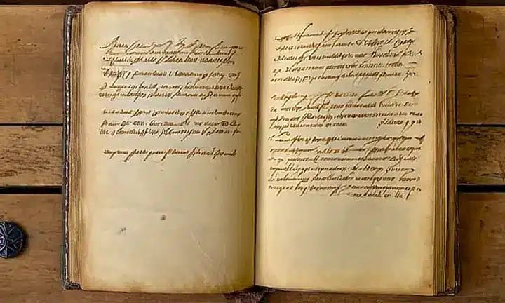 Un libro viejo y desgastado reposa abierto sobre un escritorio desordenado con anotaciones irregulares en sus páginas