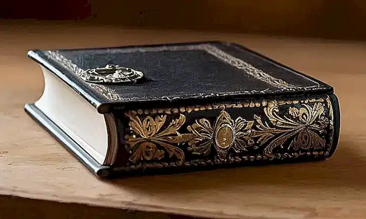 Un libro antiguo y ligeramente rasgado contiene páginas amarillentas con textos destacados en letra negra sobre un fondo de madera