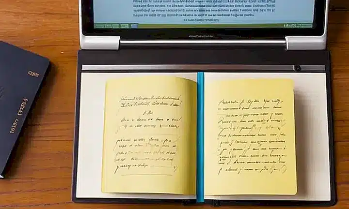 Un estudiante de español estudia en una oficina con un ordenador y libros de texto llenos de notas manuscritas