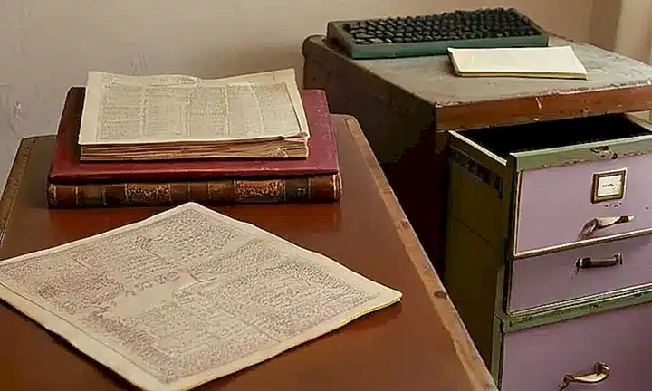 Una oficina clásica con decoración anticuada y muebles viejos recibe la luz tenue de un luces fluorescentes sin cálido calor