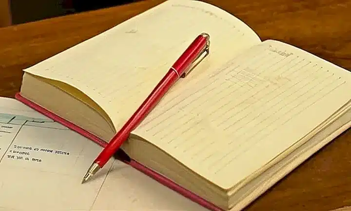 En una mesa desordenada y de madera, un libro está abierto con papeles enrollados en un lado
