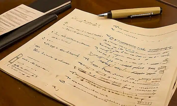Un papel de papel en tamaño A4 y color beige pálido, lleno de notas y correcciones escritas con lápiz y bolígrafo
