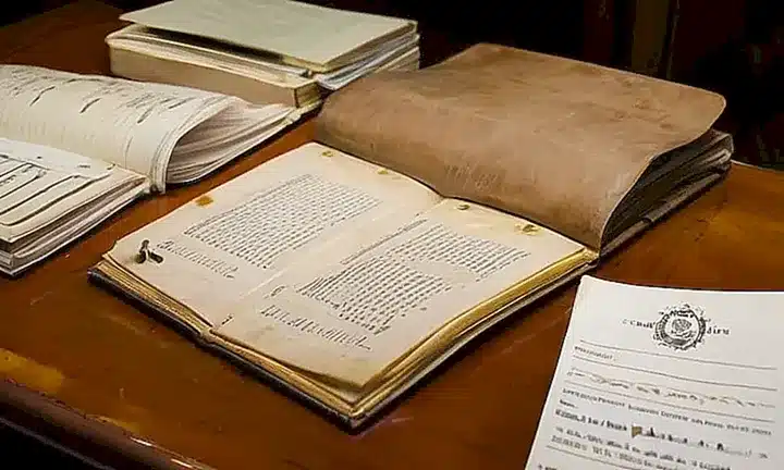 Un libro de piel desgastada y un escritorio repleto están cubiertos con documentación espalda hasta arriba, creando un escena de caos organizado
