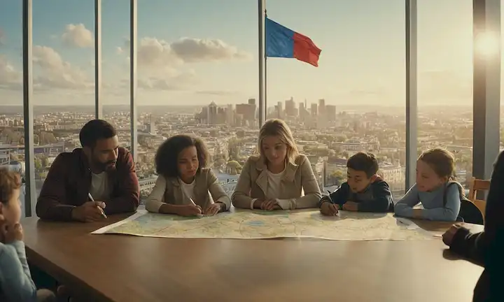 Un grupo de personas, una familia con niños, una persona que busca ayuda, un centro comunitario, un mapa, un paisaje urbano, un edificio del gobierno, una bandera, un banner, un símbolo de esperanza, una luz cálida, un espacio seguro, un sistema de apoyo