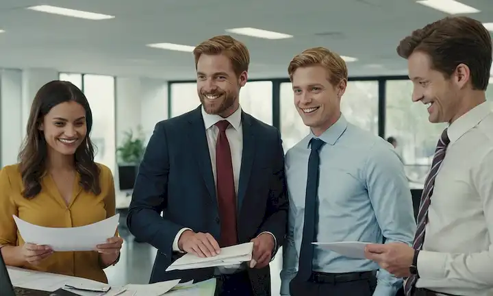 4 personas en un entorno de oficina gubernamental, sonriendo, rodeada de papeles y computadoras, guardando carpetas, usando ropa formal, con un fondo sutil, mostrando colaboración, profesionalidad y eficiencia