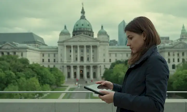 Una persona frente a un edificio del gobierno, con un teléfono o una tableta, con un fondo de paisaje urbano, con un sutil icono de calendario o reloj, con un toque de papeleo o archivos cercanos