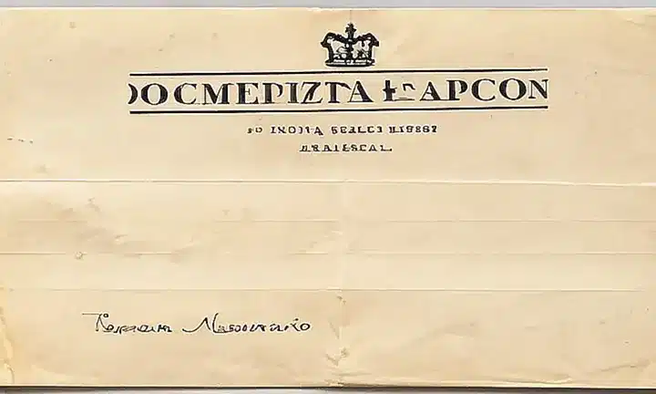 La hoja de ante del documento es una tapa gastada y amarillenta con un solapeado Union Jack en el rincón superior izquierdo